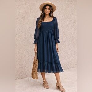 Navy Blue Swiss Dot Midi Dress Tie Back Square Neck Long Sleeve Ruffle Hem 0-2